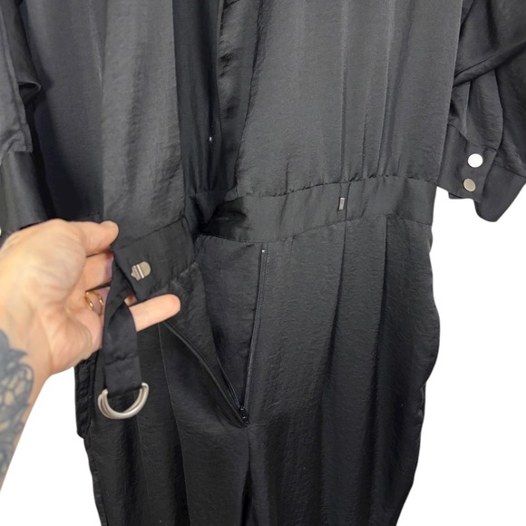 BEBE Black Satin Utility Jumpsuit Sz S Mock Neck Zip Tapered Leg Belted Y2K Goth - Picture 15 of 15